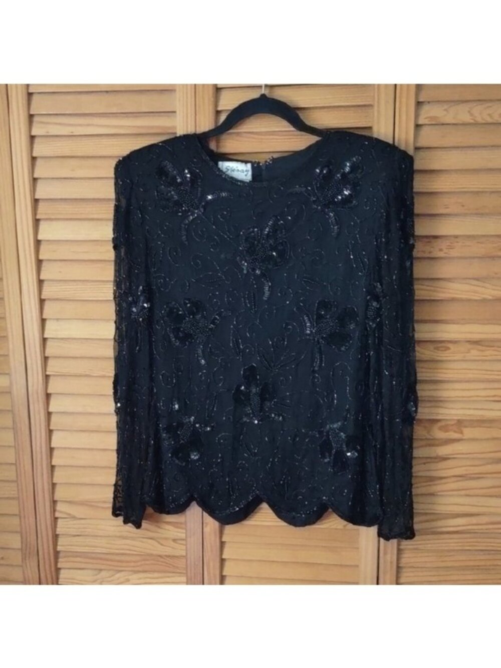 Stenay Black Padded Shoulders Beaded Sequin Sheer Long Sleeve Formal Top Size S